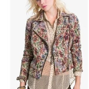 Free People Tapestry Moto Jacket Womens 2 Floral Asymmetric Full Zip Long Sleeve
